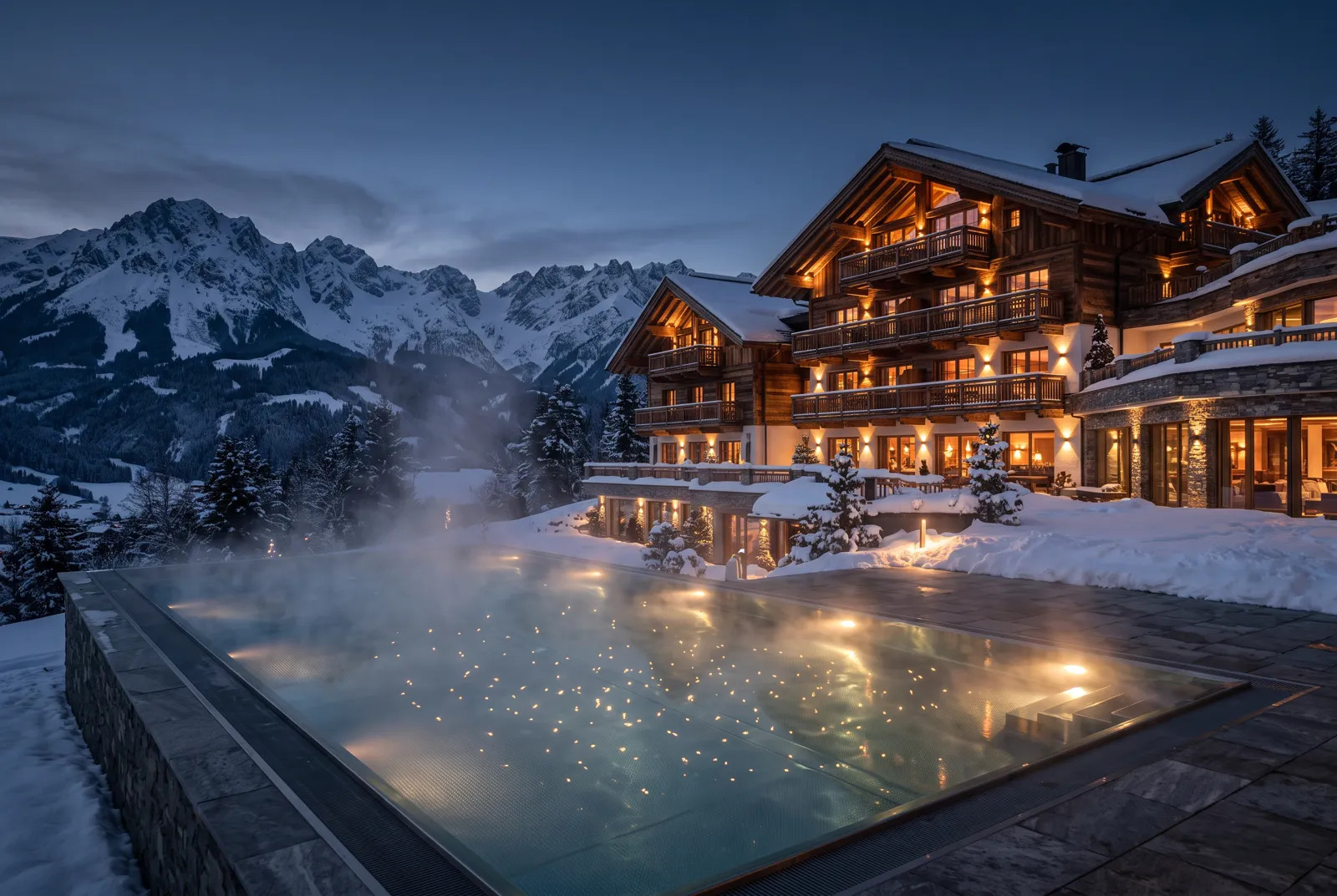 Beispielbild: Alpenhotel mit beleuchtetem Pool zur blauen Stunde