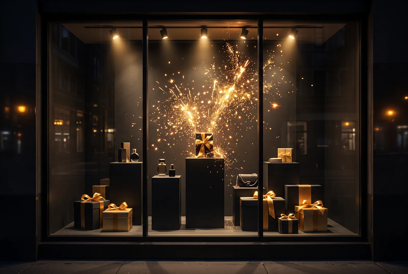 Beispielbild: Schaufenster mit goldenem Funkenregen